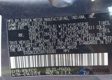 2008 Toyota Sienna Le из США, поврежденный, VIN 5TDZK23C58S193080